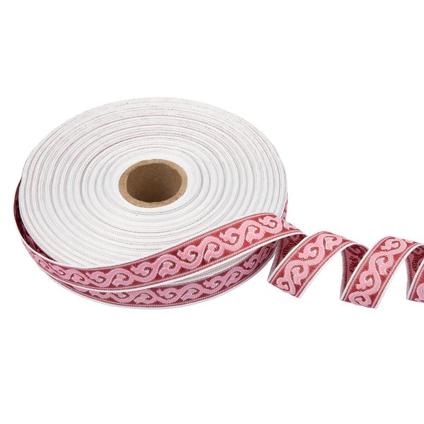 Лента (тесьма) жаккардовая 18.0 мм / 25 метров, Орнамент для северных народов, рис 9594 белый/розовый/бордовый, Gamma С3771