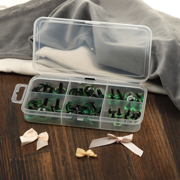 Набор глаз в органайзере винтовые пластик с лучиками зеленые d11-22мм 46 шт с фикс №5