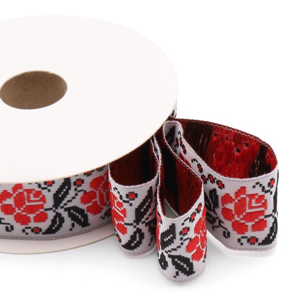Лента (тесьма) жаккардовая 25.0 мм / 10±0.5 метров, Розы, 25987 красный