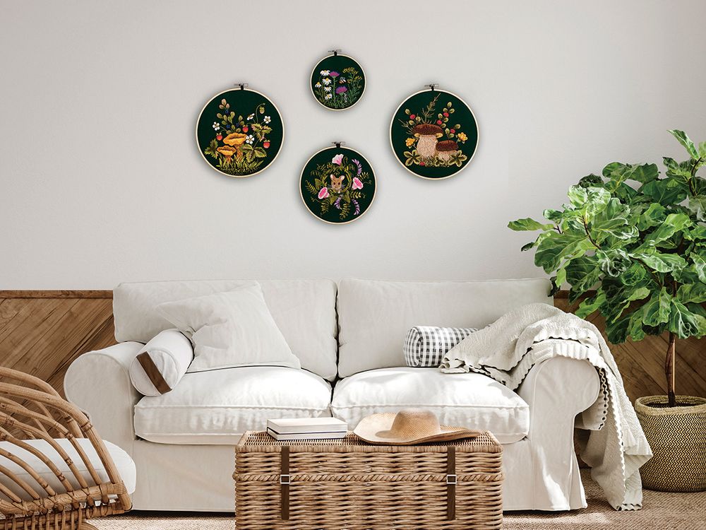 Набор для вышивания нитками Panna, Живая картина Грибы. Белые, 20.5х20.5 см