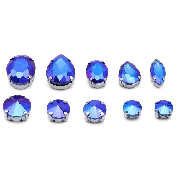 Хрустальные стразы в металлических цапах, форма страз: МИКС, синий с AB покрытием, 10 штук, МФ-28