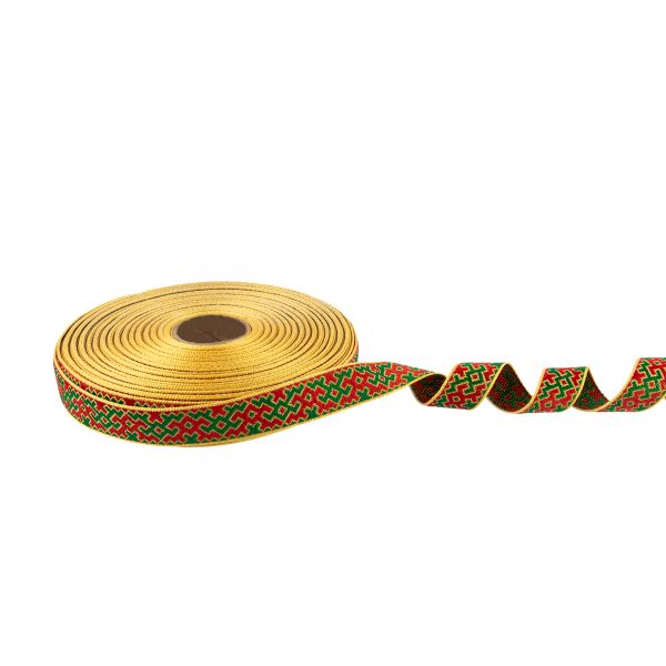 Лента (тесьма) жаккардовая 18.0 мм / 25 метров, Орнамент для северных народов, рис 9692 красный/желтый/зеленый (№1), Gamma С3771