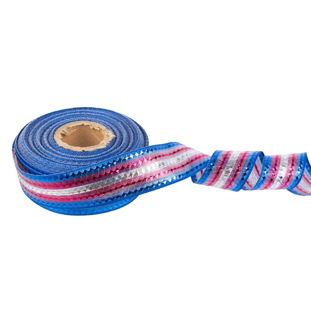 Лента металлизированная Стрела 25±2 мм / 25±0.5 метров, под серебро-малиновый-синий / silver-crimson-d.blue, Blitz
