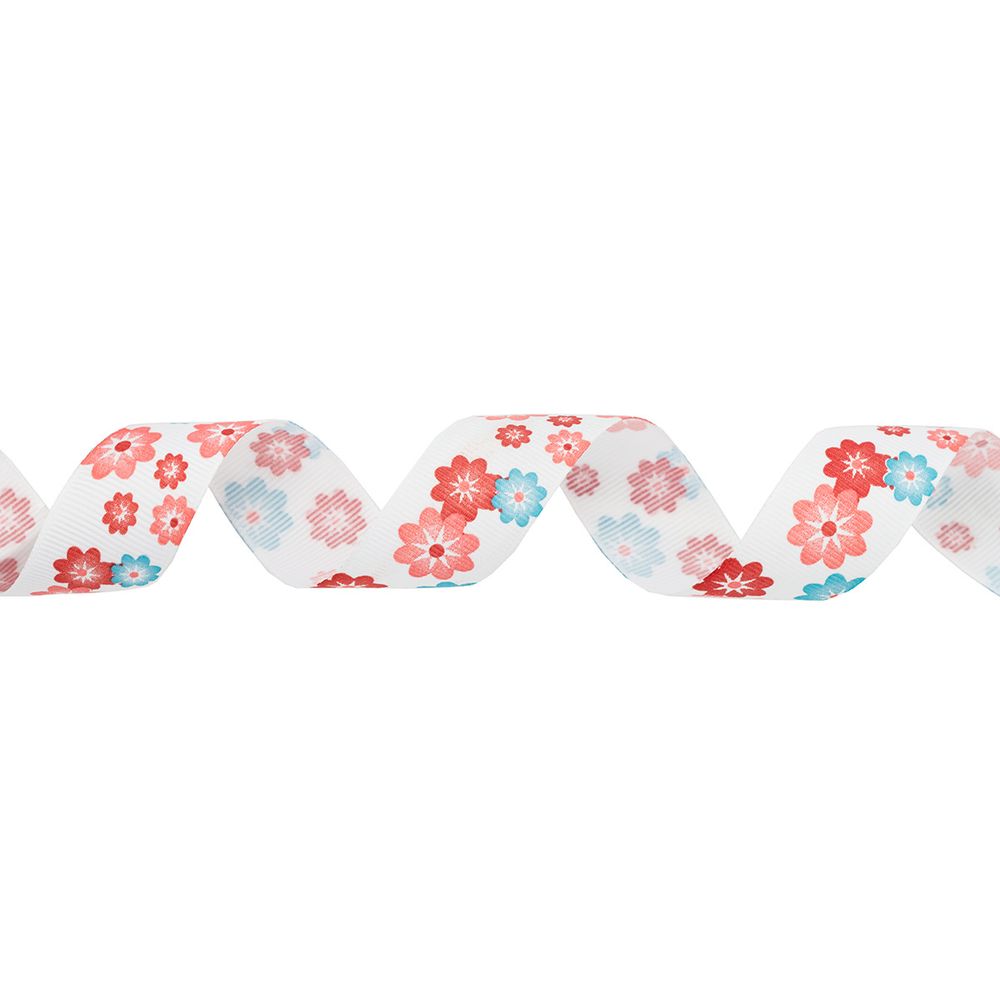 Лента репсовая (в рубчик) Цветочки 2 25.0 мм, 22.86 м (розовый/голубой)