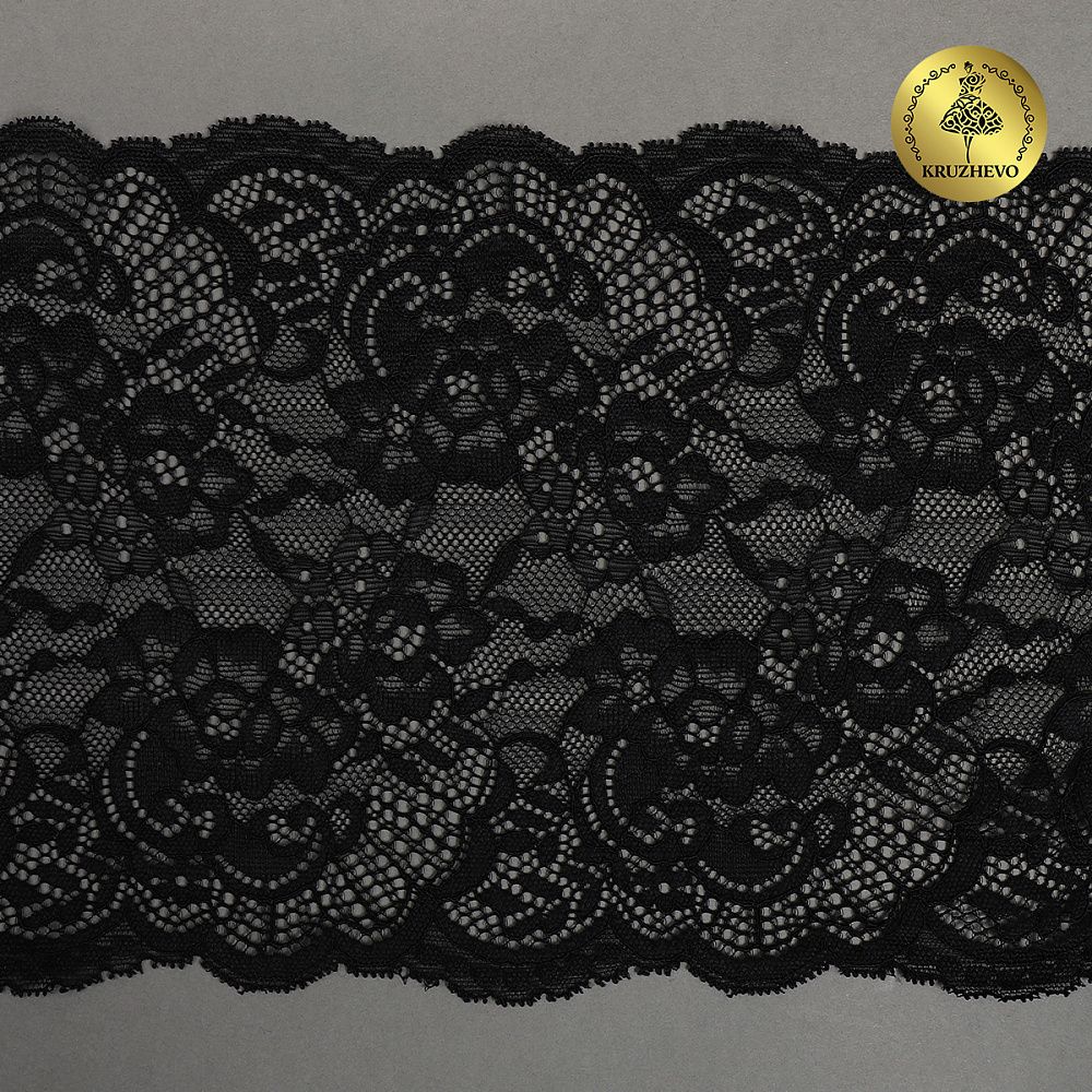 Кружево бельевое эластичное 190 мм / 10 м, 6392, цв.02 черный, Kruzhevo