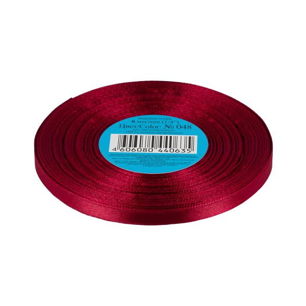 Лента атласная 1-сторонняя 6.0 мм / 33±2 метра, №048 бордовый, в термоплёнке, Gamma