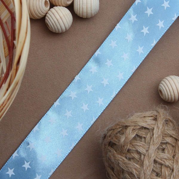 Лента атласная с рисунком 25.0 мм / 3 метра, Звездочки (голубой), Globus