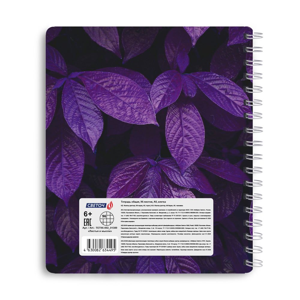 Тетрадь общая с запечатан. пластиковой обложкой, 500 мкр, A5+ 96 л. на гребне 65 г/м², белизна 100 %, 4 шт, клетка, 01389 Листья и мысли, Светоч ТЕТ96-002
