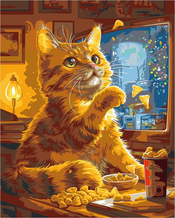 Картина по номерам Фрея PNB/PLC-329, (цветной холст) Котик у телевизора, 50х40 см