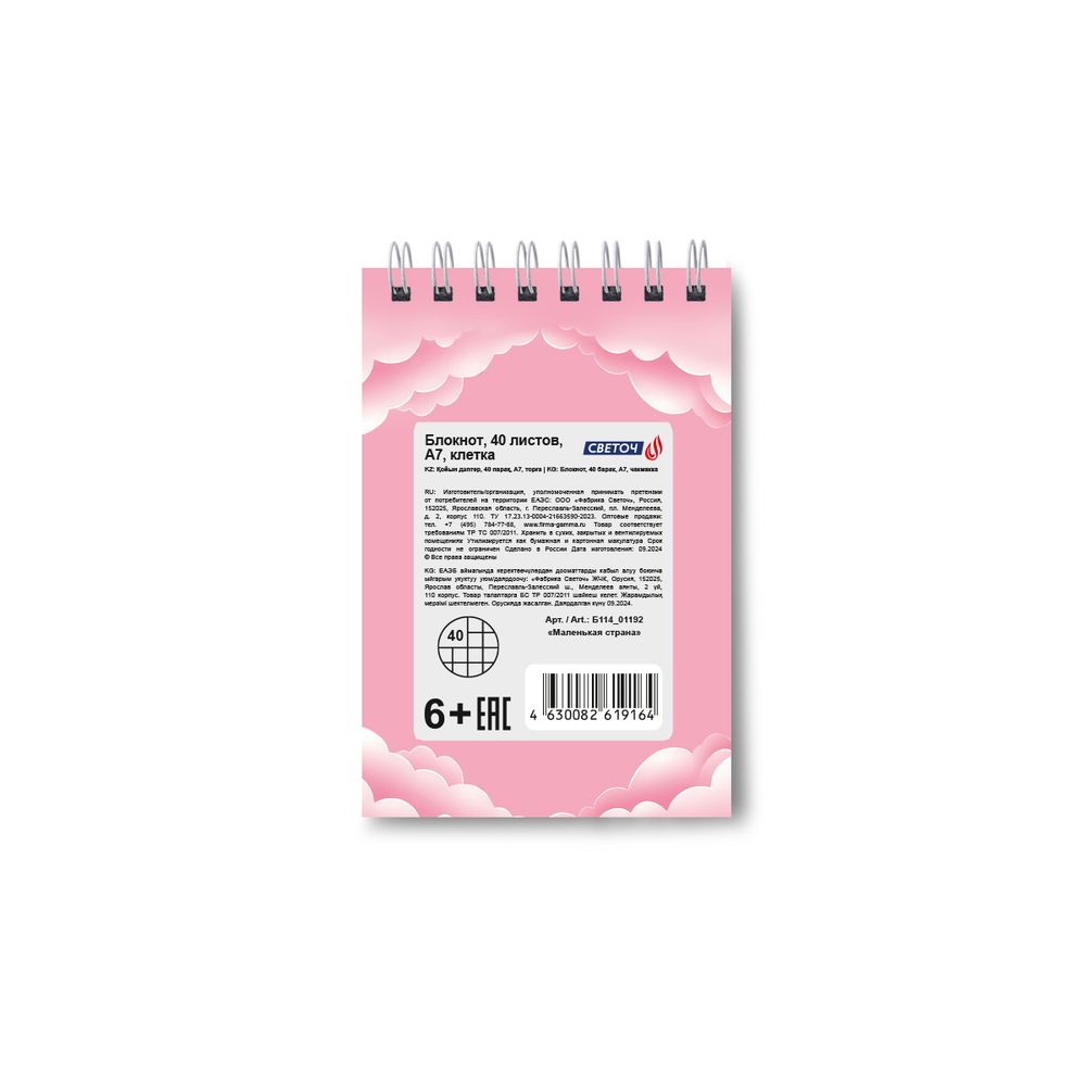Блокнот на гребне A7 (70х100 мм) 40 л. 12 шт, клетка, Маленькая страна 01192, Светоч Б114