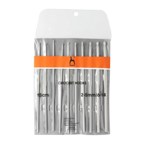 Набор крючков для вязания ⌀2,00-5,0 мм, 15 см, 10 шт, алюминий, Pony