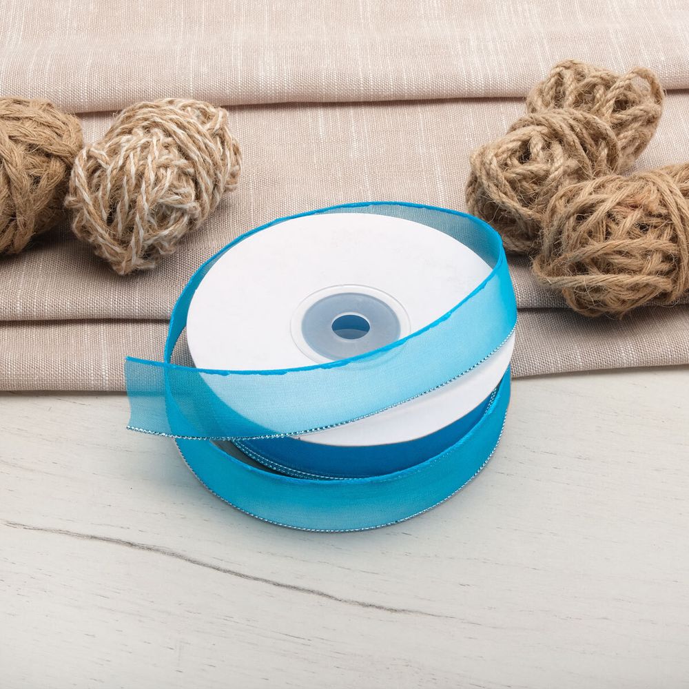 Лента капроновая (органза) для сборки бантов с метанитью 20 мм, 25м HRPL-1011S (HO-034 бирюзовый)