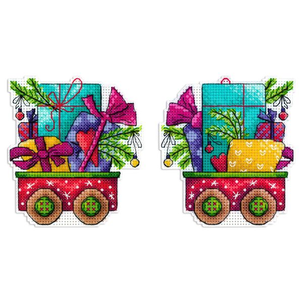 Набор для вышивания нитками МП Студия Р-1135, на пластиковой канве Тележка с радостью, 10х9 см