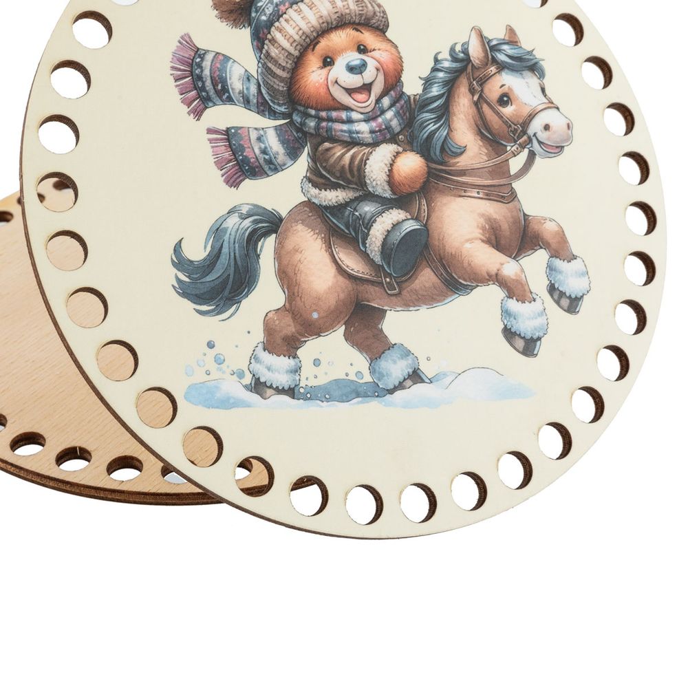 Набор донышек для вязания Матовый фанера ⌀15х0.4 см, 2 шт, 09 Мишка на лошади, Love2art ДВ-02