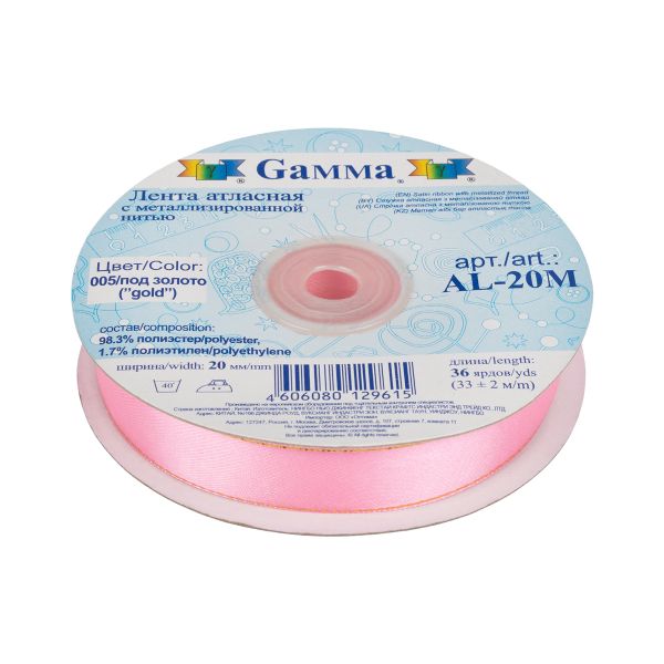 Лента атласная 2-сторонняя с метанитью 20.0 мм / 33±2 метра, №005 яр.розовый/золото, Gamma AL-20M