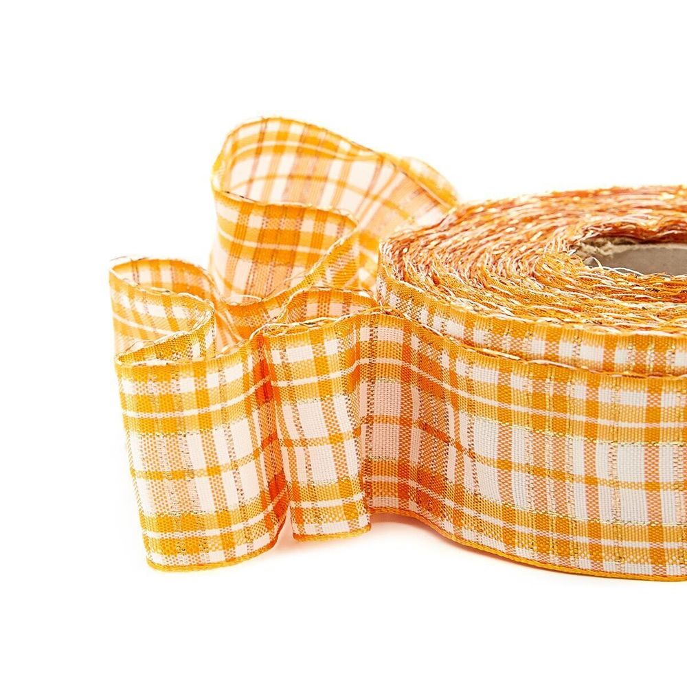 Лента Шотландка с люрексом 30 / 25м (оранж/белый), С3301Г17