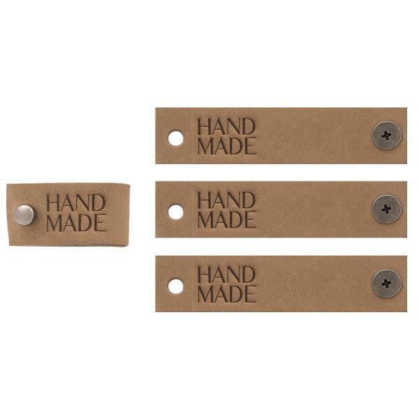Кожаные бирки с тиснением на кнопке Hand Made 17х70 мм, 4 шт, капучино