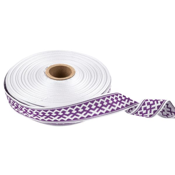 Лента (тесьма) жаккардовая 24.0 мм / 25 метров, Орнамент для северных народов, рис 7527 белый/фиолетовый (№5), Gamma С3772