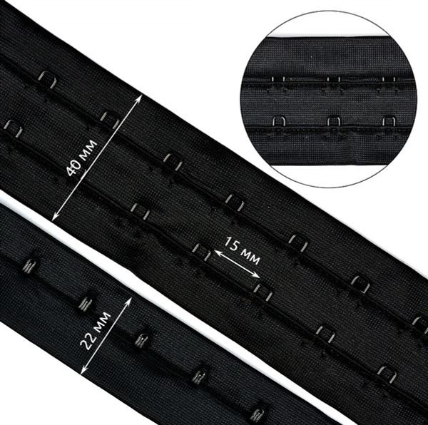 Застежки для бюстгальтера текстильные на ленте (2 ряда) 40 мм / 45.7 метра, шаг 15 мм, 02 черный