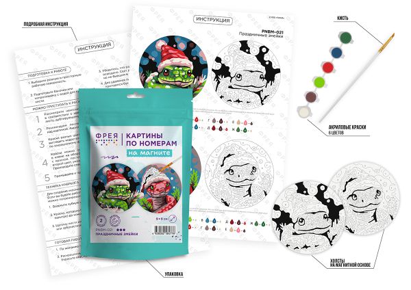 Картина по номерам Фрея PNBM-021, Праздничные змейки, (на магните) 9х9 см