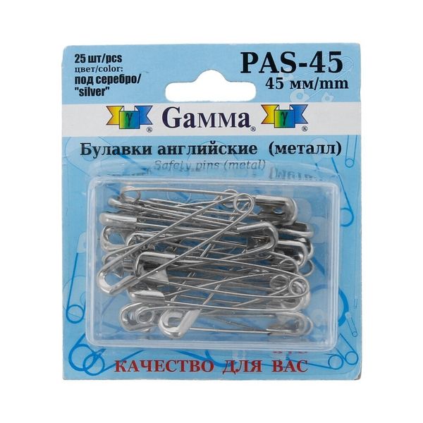 Булавки английские серебро, 25 шт, 45 мм, Gamma PAS-45