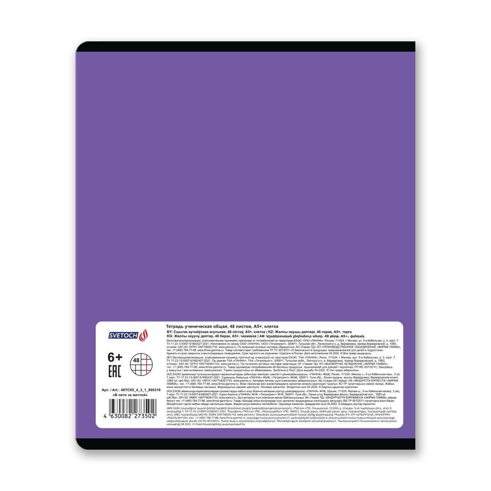 Тетрадь ученическая общая, выборочный лак, A5+ 48 л. на скобе, белизна 100%, 10 шт, клетка, 000316 В лето за мечтой, Светоч 48ТСК5_4_3_1