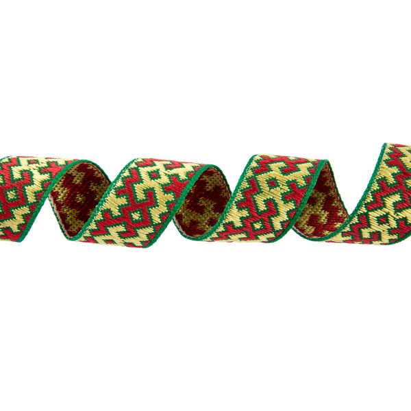 Лента (тесьма) жаккардовая 18.0 мм / 25 метров, Орнамент для северных народов, рис 9692 зеленый/желтый/красный (№9), Gamma С3771