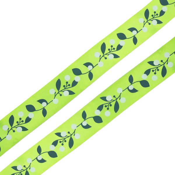 Лента атласная с рисунком 45.0 мм / 3 метра, Ягодная ветвь (зеленый), Globus