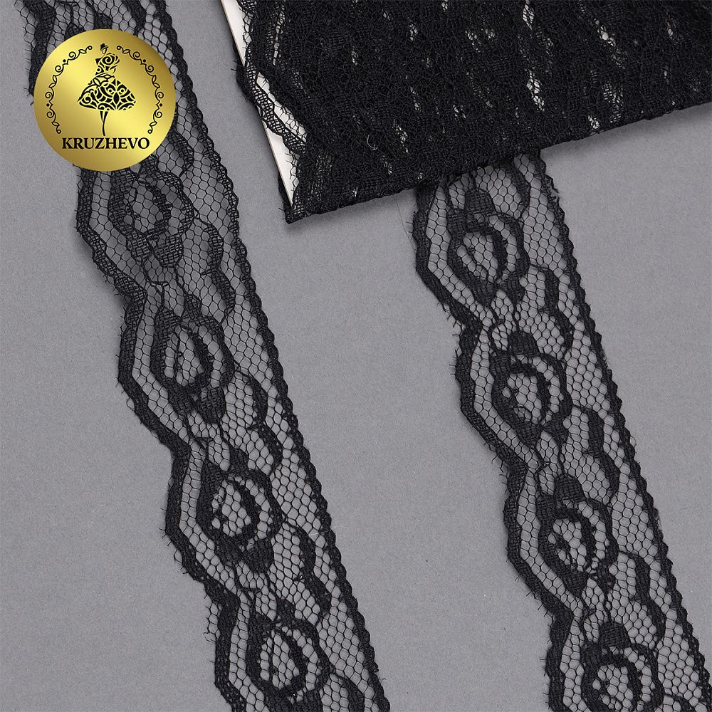 Кружево отделочное в стиле "трикотаж" 28 мм, диз. T-003 цв.черный уп.9м