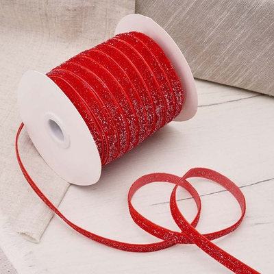 Лента бархатная (тесьма) с люрексом 10.0 мм / 32.9±2 метров, 43 красный