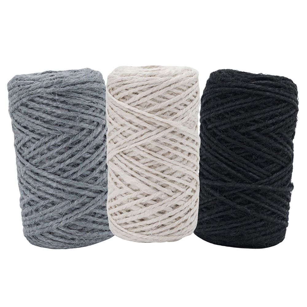 Шпагат джутовый ⌀1.4 мм / 50 метров (50 г), 2-ниточный, 1200 текс, евробобина, 3 шт, ассорти 4 (белый, серый, черный)