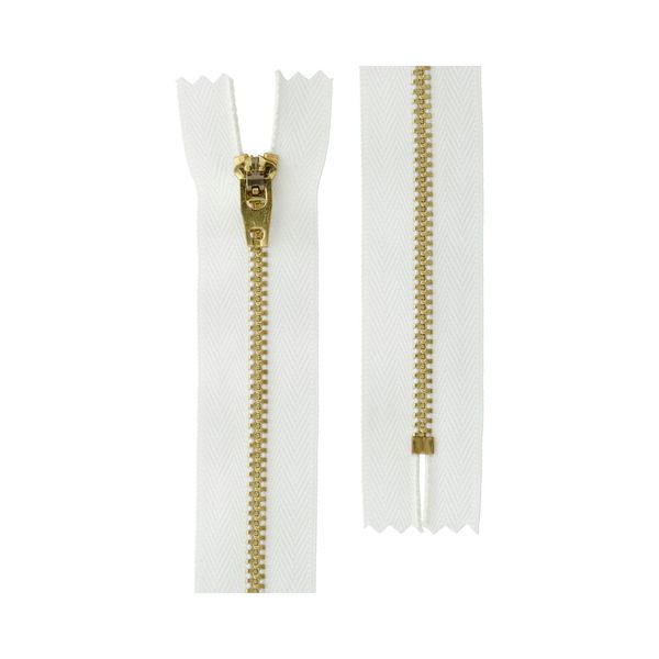 Молния металл джинсовая Т4 (4 мм) 1 зам., н/раз., 14 см, под латунь, 001 белый, JIN 4L Gamma, 10 шт