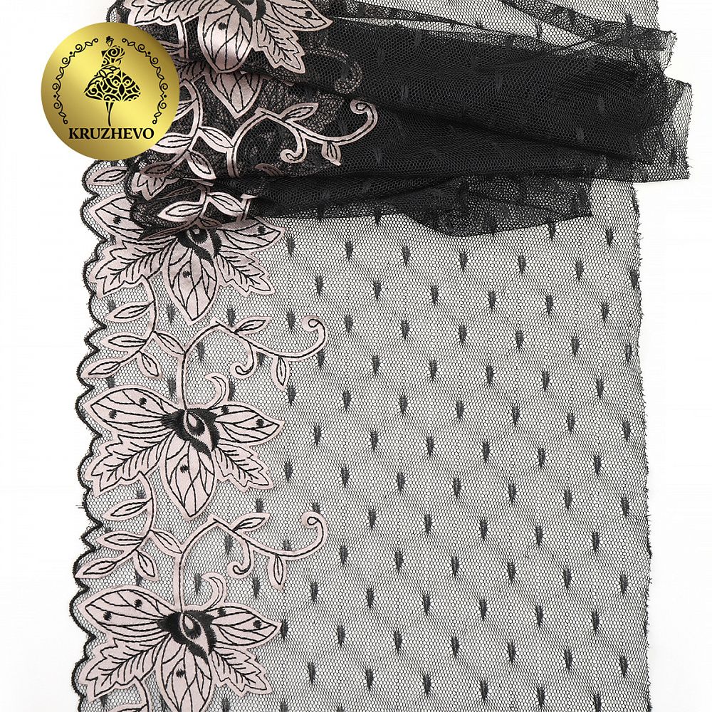 Кружево на сетке широкое 205 мм, диз.OG43, цв.черный, левая, 6м, Kruzhevo