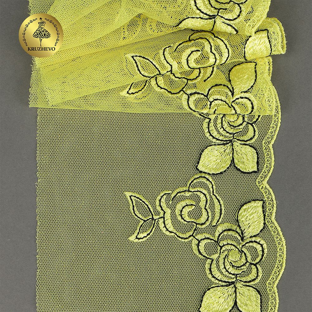 Кружево на сетке (вышитое) 135 мм, цв.желтый, правая, 6м, Kruzhevo
