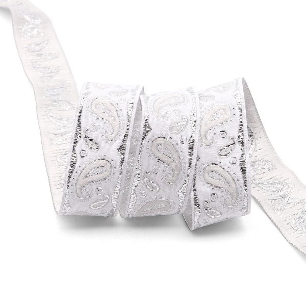 Лента (тесьма) жаккардовая 22.0 мм / 10±0.5 метров, Пейсли, 22807 белый/серебро