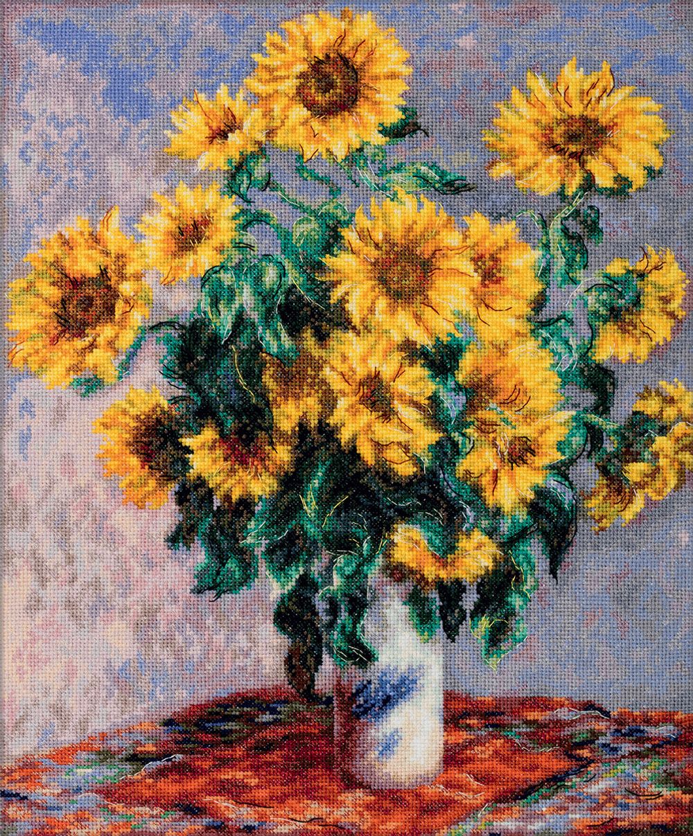 Набор для вышивания нитками Panna, Золотая серия, Букет подсолнухов, 29х36 см