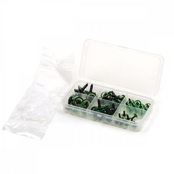 Набор глаз в органайзере винтовые пластик с лучиками зеленые d11-22мм 46 шт с фикс №5