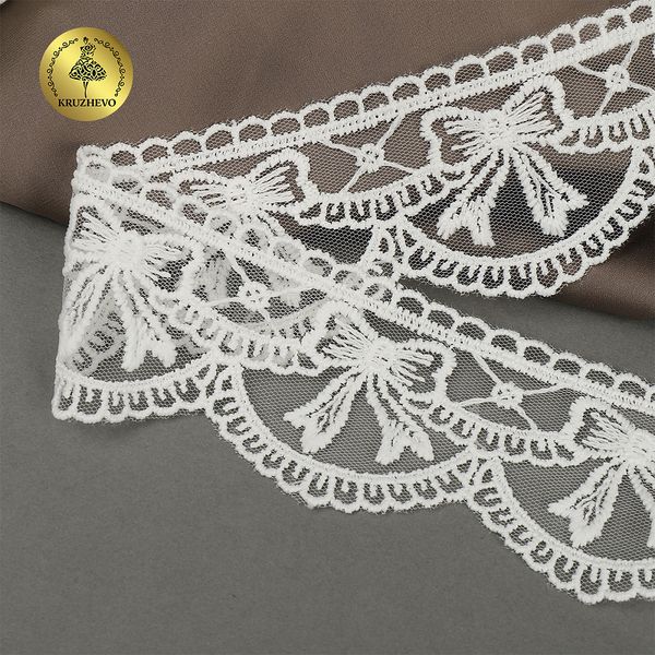 Кружево на сетке матовая нить с бантиками 60 мм, цв.02 молочный, уп.10м, Kruzhevo