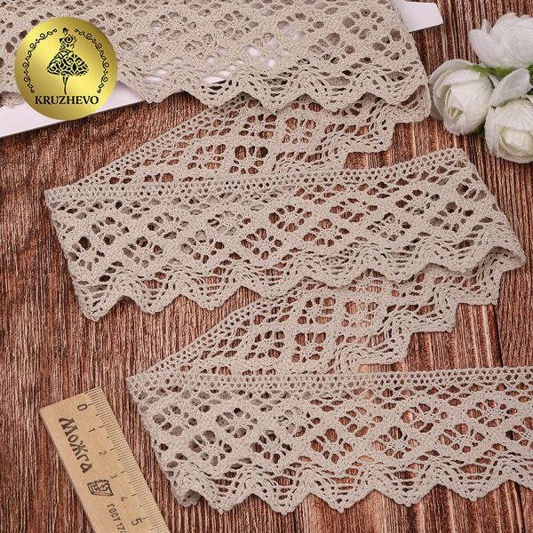 Кружево вязаное (тесьма) 50 мм / 3 метра, хлопок, TBY.1003, F307 серый лен