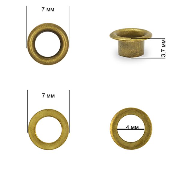 Люверсы металл ⌀4.0 мм (внутр.), h=3.7 мм, внешн. ⌀7.0 мм, №2, сталь, цв. антик, 1000 шт, TBY