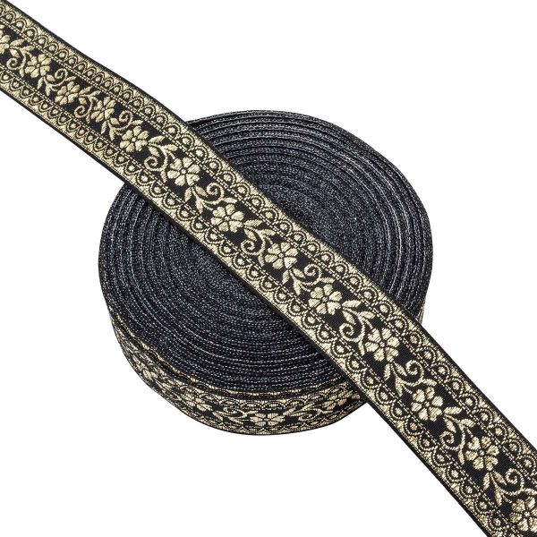 Лента (тесьма) жаккардовая 32.0 мм / 25±1 метров, с метанитом рис. 9842, черный/золото, С3104Г17