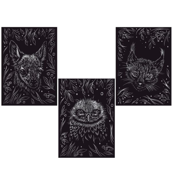 Набор для творчества Гравюра мини Пушистые малыши (серебро), 10х15 см, 1х3 шт, Hobbius GHPM-11