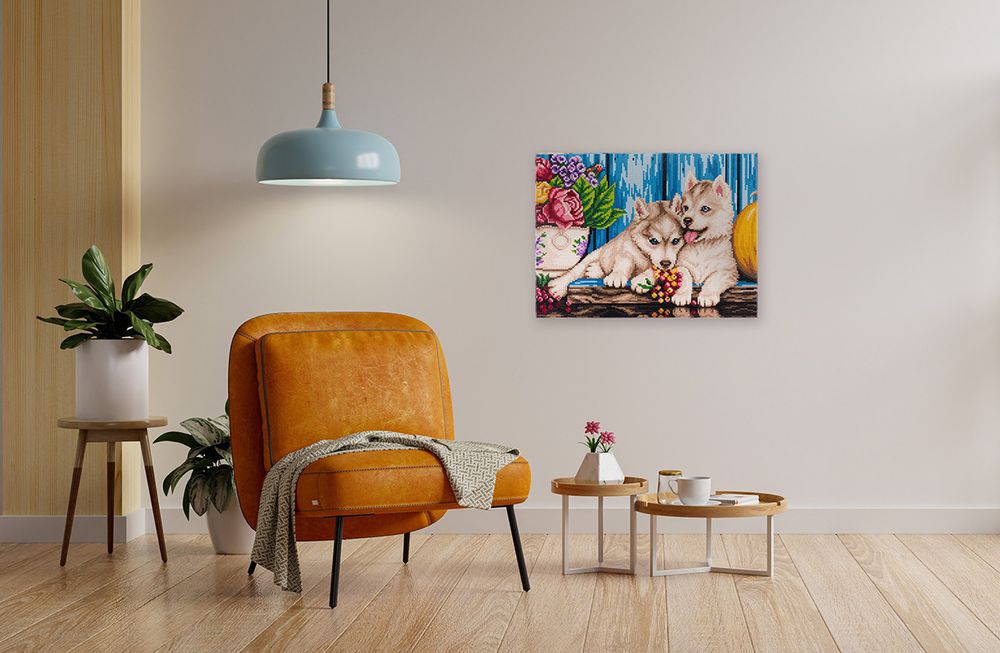 Алмазная (кристальная) мозаика Фрея, на подрамнике Щенки Хаски, 40х30 см