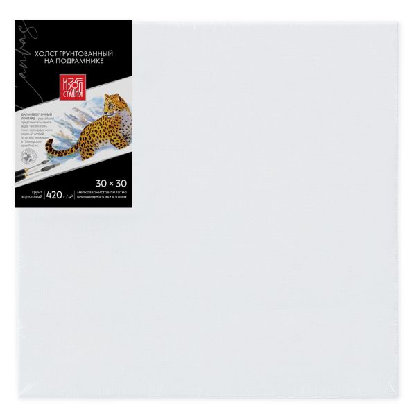 Холст грунтованный на подрамнике 30х30 см, 420 г/м², 40% полиэстер, 30% лён, 30% хлопок, 2 шт, мелкозернистый, Аква-колор, IZO-MCFG-3030