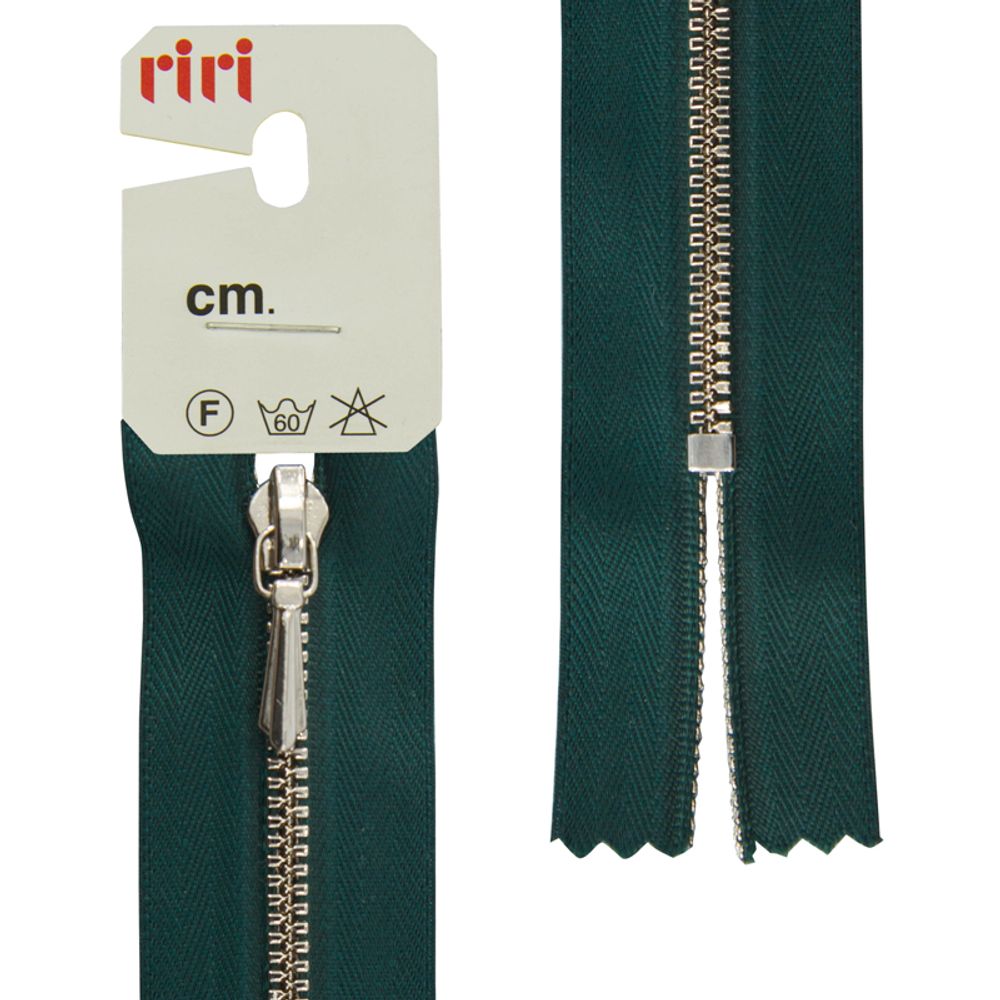 Молния металлическая RIRI Т3 (3 мм) Ni, слайд.Tropf, н/раз., 18 см, цв. тесьмы 2723, т.зеленый, упак. 5 шт