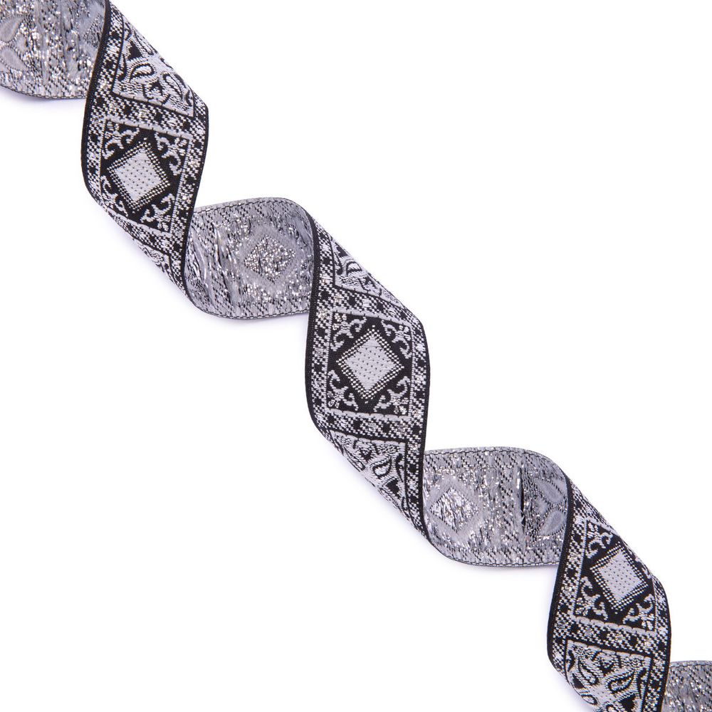 Лента (тесьма) жаккардовая 25.0 мм / 10±0.5 метров, черный/серебро, Gamma TRJ-119(46)