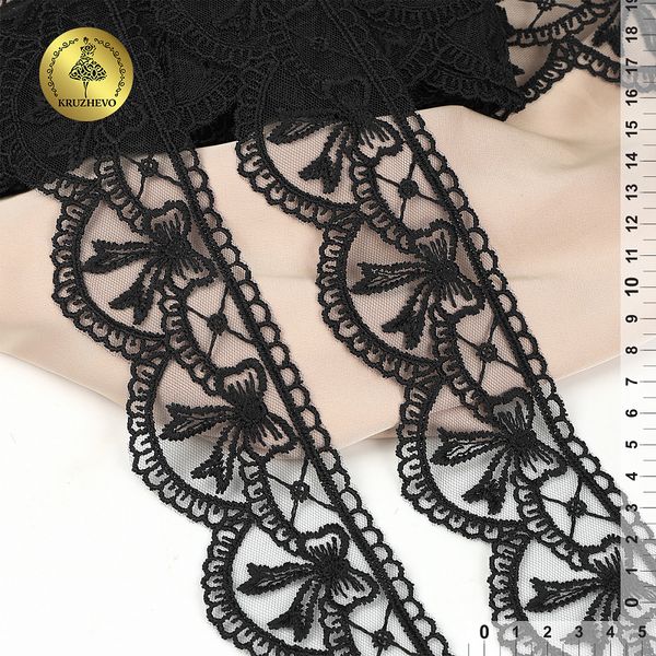 Кружево на сетке матовая нить с бантиками 60 мм, цв.черный, 10 метров, Kruzhevo