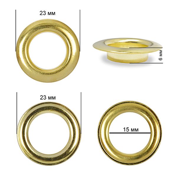 Люверсы металл ⌀15.0 мм (внутр.), внешн. ⌀23 мм (внутр.), h6 мм (внутр.), №28, сталь, цв. золото, 200 шт, TBY