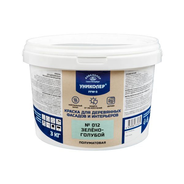 Краска для деревянных фасадов и интерьеров 4.18 л, № 012 Зелёно голубой, Униколер FFW-3