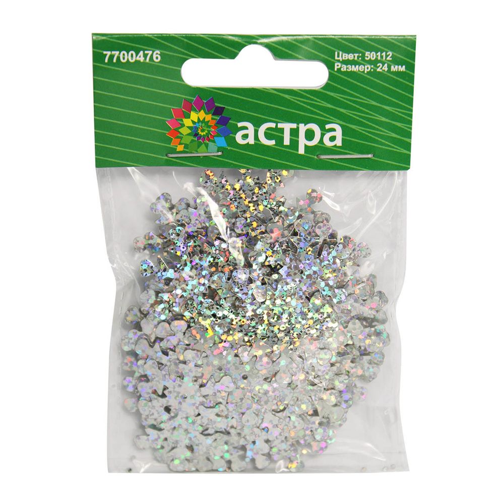 Пайетки фигурные снежинки, 24 мм, упак. 10 гр, Астра, 50112 серебро голограмма, уп.10 шт